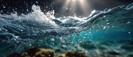 Sunlit ocean wave captures underwater realm