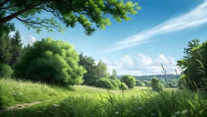 Fototapeta premium Scenic Summer Green Landscape with Blue Sky