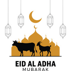 Eid al-Adha Mubarak Vector with Mosque, Cow, Goat, Crescent Moon, and Lanterns