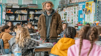 Teacher interacting with elementary school students