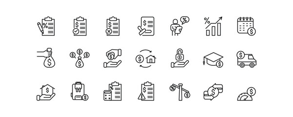 Set of 21 editable thin line icons related to loan and financial services. Includes symbols such as loan approval, application form, contract, interest rate, repayment schedule, loan consolidation.