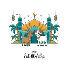 Happy Eid al-Adha with Cute Goats and Mosque Illustration