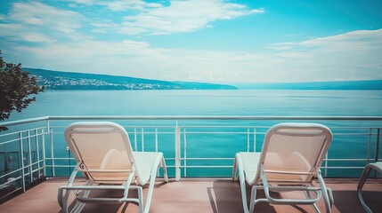 Fototapeta premium Coastal balcony scene with sun loungers.