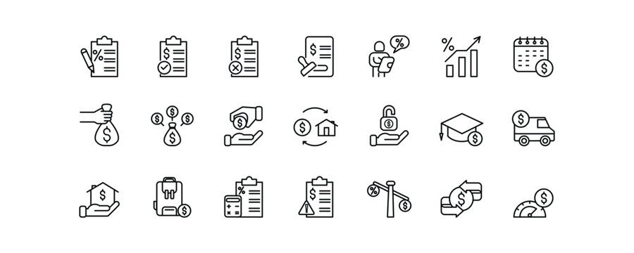 Set of 21 editable thin line icons related to loan and financial services. Includes symbols such as loan approval, application form, contract, interest rate, repayment schedule, loan consolidation.