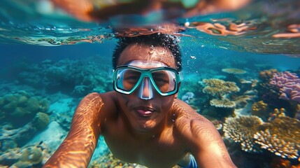 Naklejka premium young man snorkeling underwater, taking a selfie near vibrant coral reefs in crystal-clear blue ocean water, enjoying tropical marine life and adventure