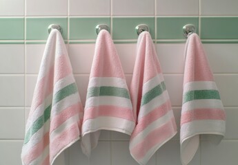 Pink and Green Striped Bath Towels Hanging in Retro Bathroom