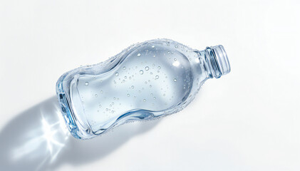 A close-up shot of a single water bottle lying down, sparkling, capturing the purity and essential of hydration.