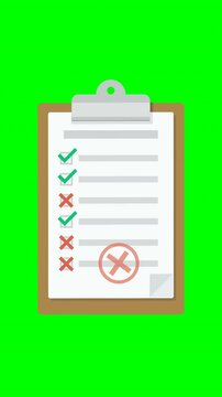 Appearance of a clipboard at the bottom of the screen with sheet with checklist on which check boxes are validated and invalidated with failure stamp on green and transparent background, alpha channel