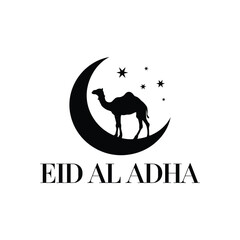 Minimalist Eid al-Adha Camel Silhouette on Crescent Moon with Stars
