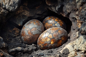 Three Brown Textured Reptile Eggs In A Dark Rock Nest