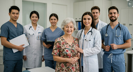 Dedicated medical team surrounding an elderly patient with care and support