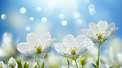 beautiful background, field of white flowers, morning dew