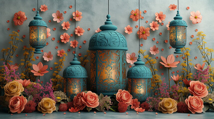 Obraz premium Elegant vintage glow. Ornate teal lanterns surrounded by blooming florals. Ideal for Ramadan, Diwali, or decorative seasonal compositions.