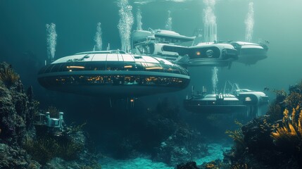 Fototapeta premium Submersible vessels float in an underwater environment.