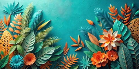 Fototapeta premium Vibrant Tropical Foliage and Paper Flowers on Teal Background, a Decorative Botanical Composition Featuring Vivid Hues and Intricate Leaf Designs