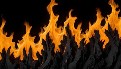 Dramatic image showcases flames rising from charred wood with a dark, contrasting backdrop.