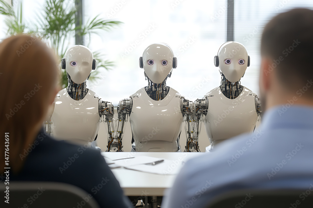 Poster robotic workforce: three humanoid robots seated at a table, facing human observers in a modern offic