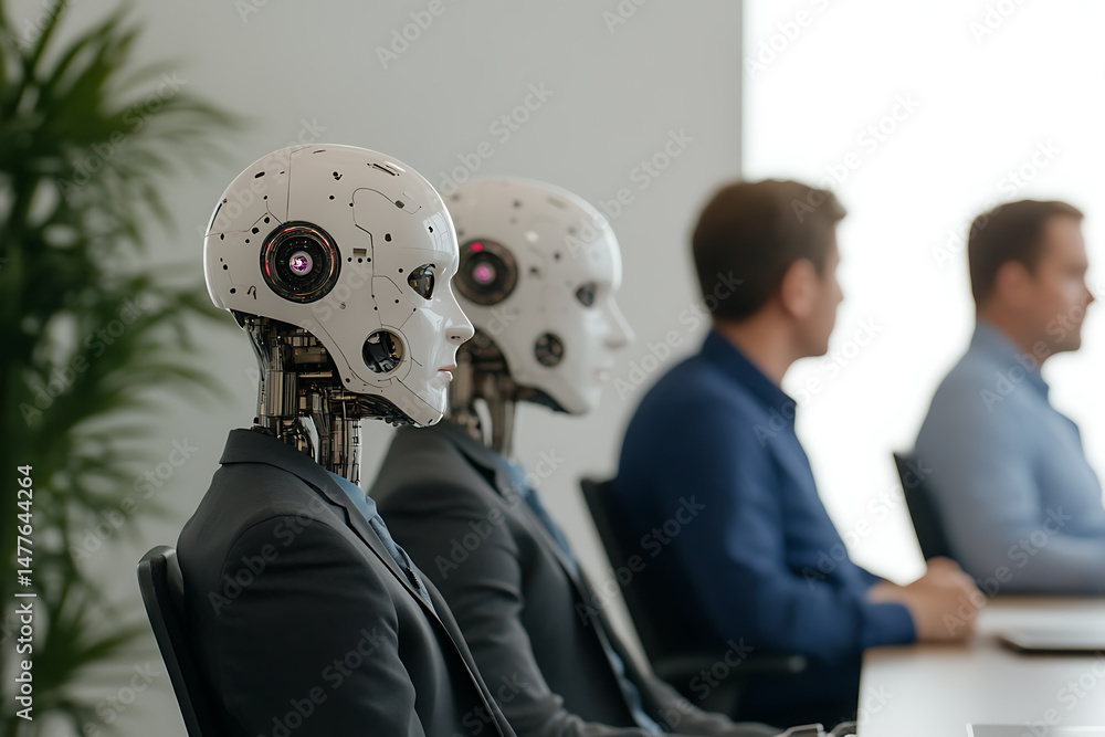 Poster robots attend business meeting. artificial intelligence and humans together at a conference. automat