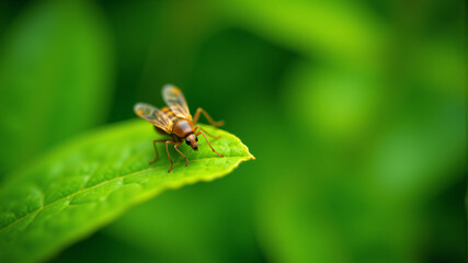 Close-up of a fly on a green leaf