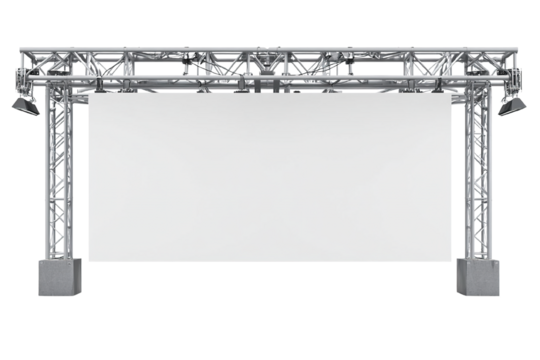 Stage screen setup with metal frame and lighting for presentations or events