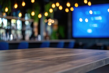 Abstract background with wooden tabletop in bar with blurred lights and screen