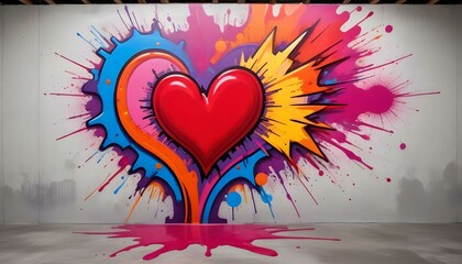 A vibrant and bold graffiti heart painting with colorful splashes on a white wall.