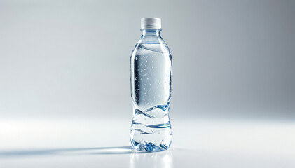 A single bottle of clear water, elegantly presented, the cool refreshment of essential hydration. The crisp details.