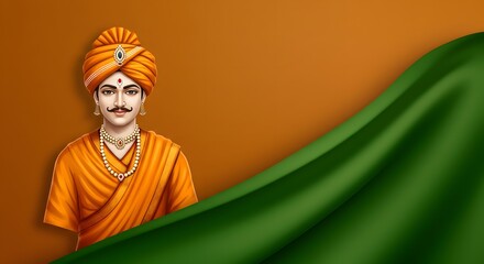 Man in Traditional Clothing with Green Fabric on Brown Background