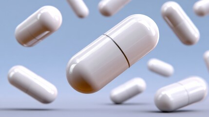 Probiotic Health for Daily Wellness concept. Floating White Capsules in a Soft Blue Background, Medical Concept Representing Health and Wellness, Pharmacy, Vitamins, or Nutraceuticals