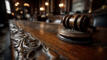 Wooden gavel on ornate table