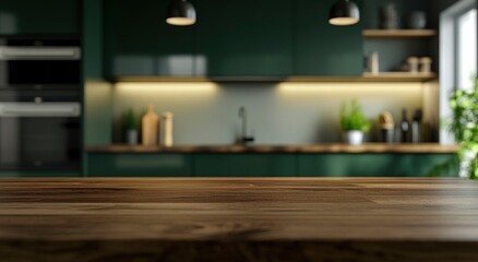 Warm Wood Tabletop: A Serene Green Kitchen Background