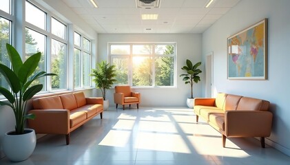 Fototapeta premium Modern, bright doctor's surgery waiting room with comfortable seating and natural light , medical equipment, chairs, light