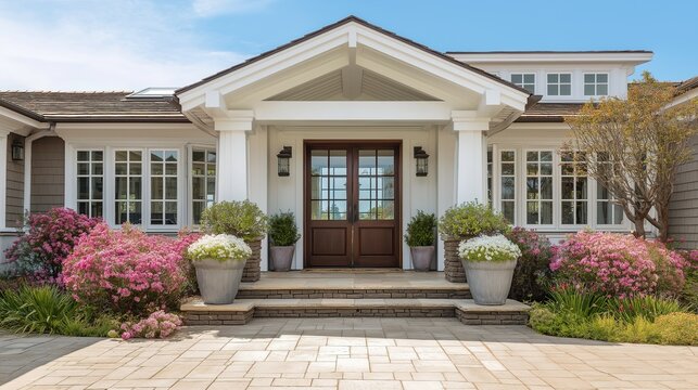 Elegant house facade with refined architectural details, embodying timeless sophistication and welcoming charm