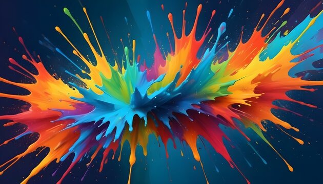 Vibrant paint explodes outwards, creating a burst of color and artistic abstractness on a dark blue backdrop.