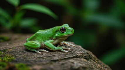 Naklejka premium Green tree frog perched on rock in lush rainforest