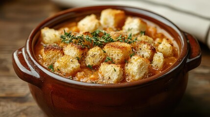 Hearty organic farm soup in an earthy ceramic bowl, garnished with fresh thyme and croutons