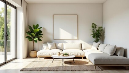 Serene minimalist living room Neutral palette, clean lines, natural light, and simple decor create a calm atmosphere , serene, interior design, modern