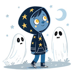 Ethereal portrait of a child with starry eyes, accompanied by a translucent spectral companion, bathed in moonlight.