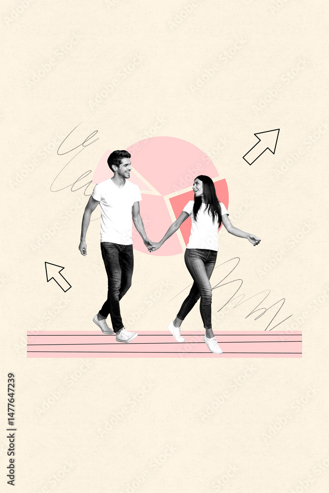 Poster creative pop collage of person stand front drawing pie chart with arrows pointers on pastel backgrou