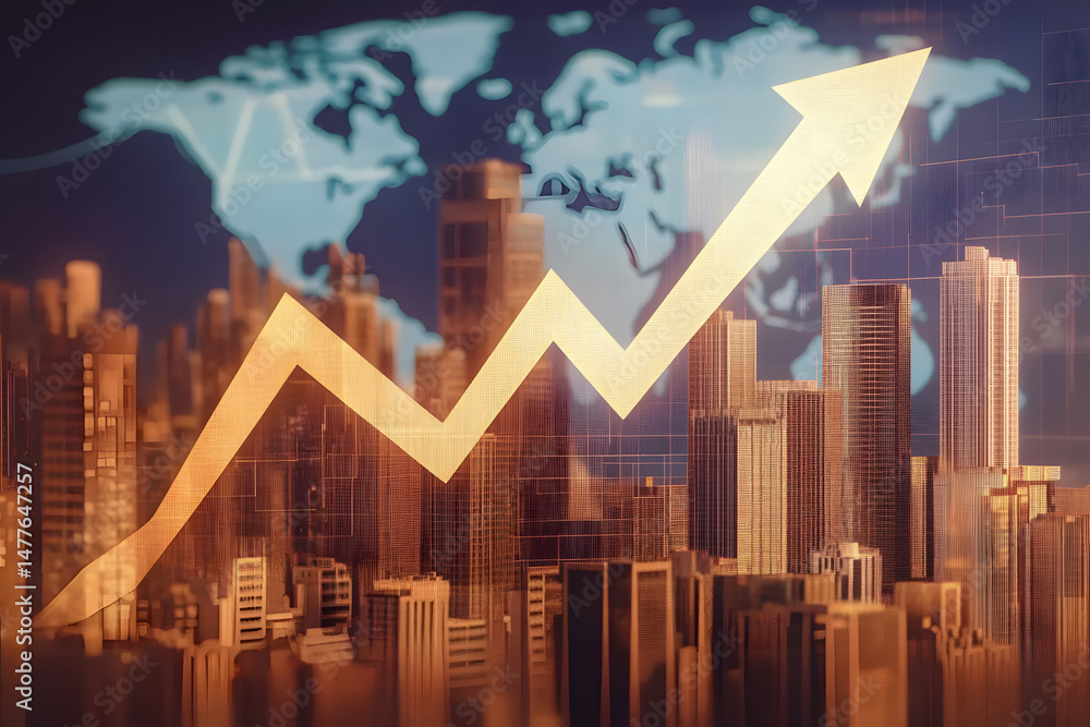 Poster abstract upward arrow chart with world map and city buildings in background representing real estate