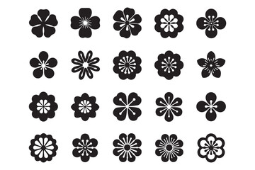 A vector set of floral elements offers diverse flower icons and design shapes for seamless pattern and decoration art