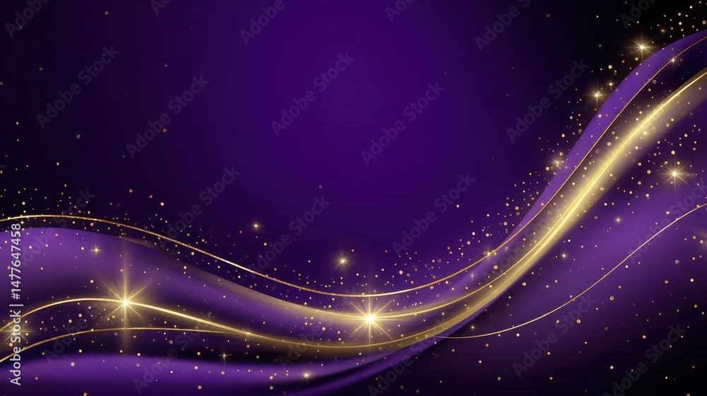 Poster golden light trails and sparkling particles streaming across deep purple wavy surface, generating lu