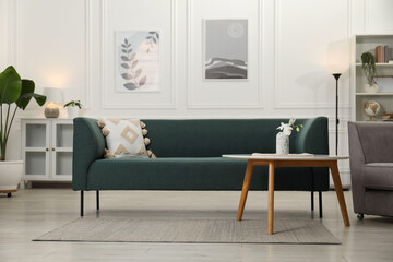 Stylish living room interior. Comfortable sofa, coffee table and houseplant indoors