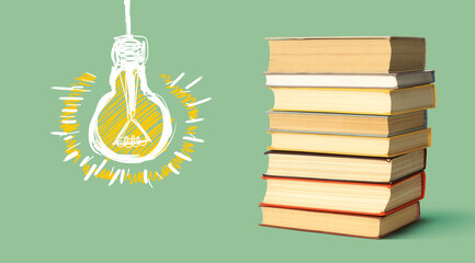 Idea and studying. Light bulb illustration and stack of books on olive background, banner