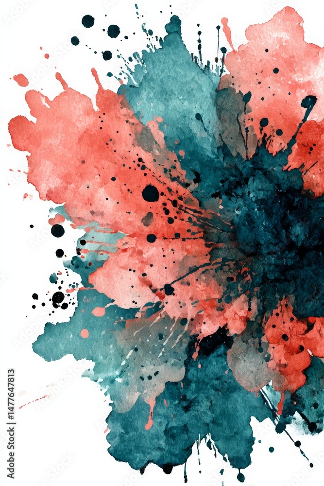 Poster abstract watercolor splash: vibrant hues of coral and teal merge in a dynamic burst of color, punctu