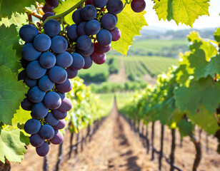 Naklejka premium Vibrant Purple Grapes Thriving in Sunlit Vineyard Rows