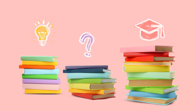 Idea, studying and knowledge. Light bulb, question mark and graduate cap illustrations over stacks of books on pink background, banner