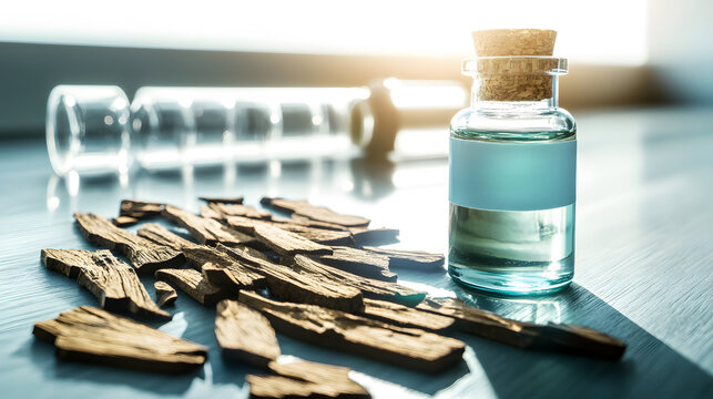 A close-up of Yohimbe tree bark texture next to a glass vial labeled Yohimbe Extract, beautifully lit on a wooden surface.