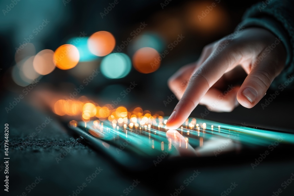Poster a hand interacts with a touchscreen device, with colorful bokeh lights reflecting, symbolizing techn