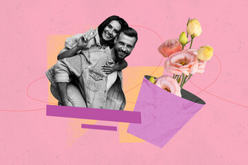 Full pop image banner 3d photo collage of two happy girl guy dance together eustoma flower spring holiday valentine day event